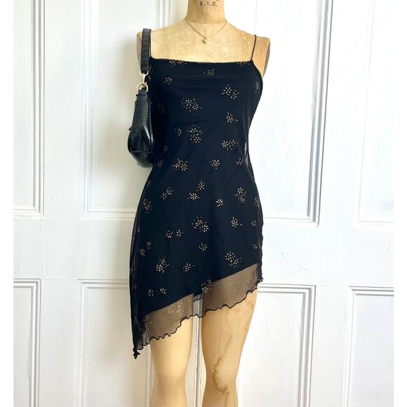 Vintage Party asymmetrical dress with golden floral details, tie straps, sheer - Picture 4 of 8